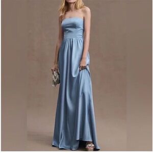 BHLDN Elsie Straight Neck Satin A-Line Maxi Dress Gown in Blue
